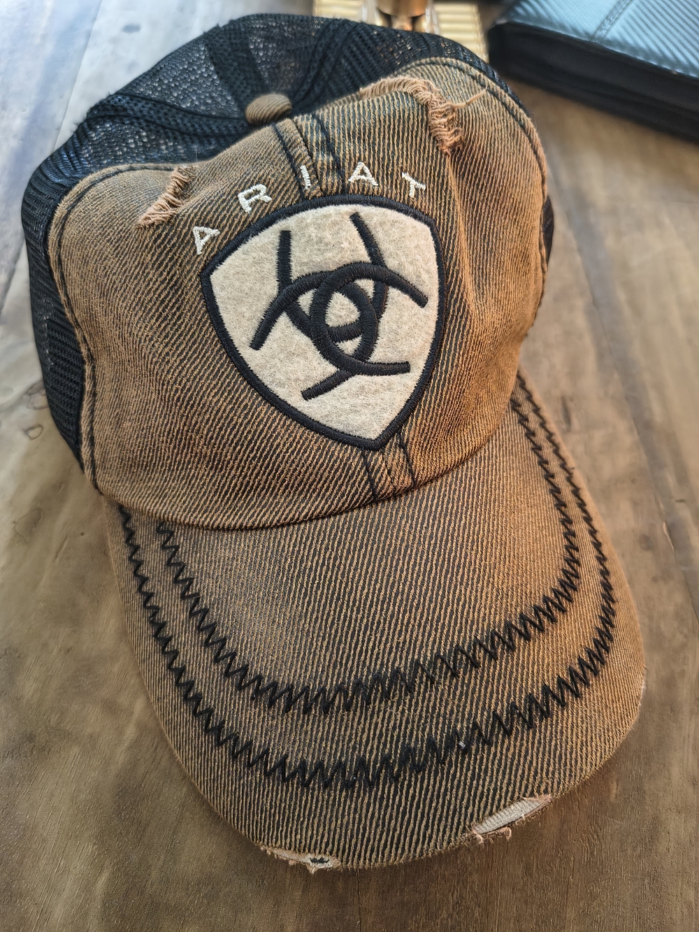 Ariat Brown and Black Mesh Trucker Hat with Patch Logo